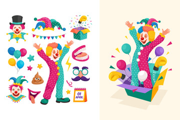 Fototapeta premium Hand drawn flat april fools day icons with illustration set collection with clown