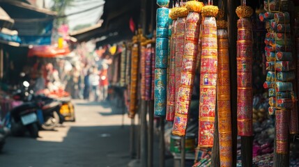 Obraz premium Colorful Firecrackers Hanging in Traditional Market