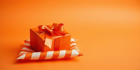 A vibrant orange gift box with a satin ribbon rests on striped wrapping paper against a bright orange background