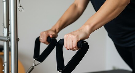 Woman's Hands Holding Pilates Reformer Straps Close Up