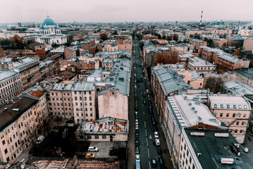 City street cloudy rainy day, deserted little town autumn day