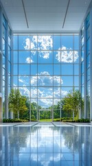 Modern Building Lobby Sky View Green Trees