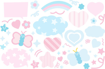 Pastel vector illustrations of butterfly, rainbow, hearts, stars for Valentine card, love sign, logo, background, backdrop, wallpaper, sticker, text bubbles, text, message, decoration, Pride Month