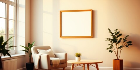 Sunlight streams into a room, illuminating a cozy armchair, a wooden coffee table, and a blank frame on the wall.
