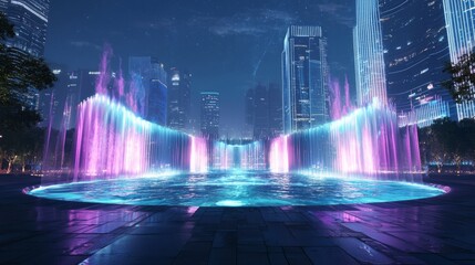 Futuristic China: Dynamic Water Features in Central Plaza with Choreographed Light Patterns and Electronic Music