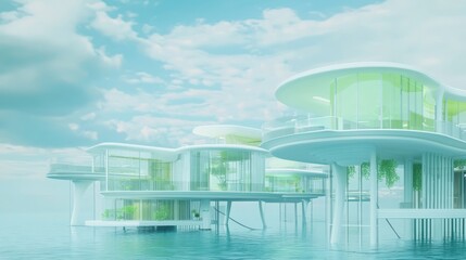 Fototapeta premium Modern Floating Residences with Green Steel Framework in Futuristic China