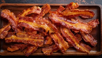 wooden tray filled with crispy golden bacon strips showcasing rich texture and marbling details

