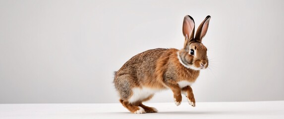 Obraz premium A jumping rabbit frozen mid-air, displayed on a clear white background