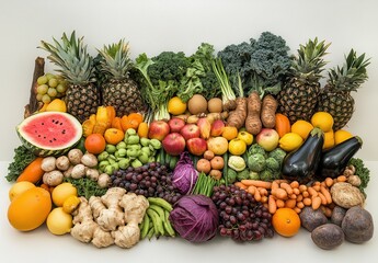 Vibrant Display of Fresh Fruits and Vegetables Including Pineapples, Cabbages, Watermelon, and Various Root Vegetables Perfect for Health and Nutrition Concepts