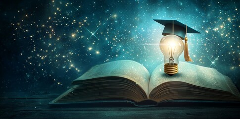 The image depicts a shining lightbulb on an open book and graduation hat, complemented by education symbols, symbolizing success in online courses and digital degrees