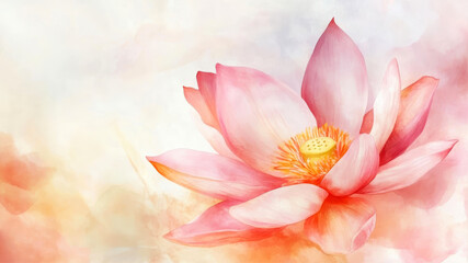 Fototapeta premium Beautiful Watercolor Floral Background Featuring a Pink Lotus Flower With Space for Custom Text or Quotes