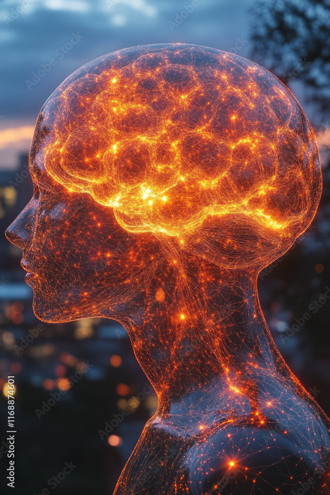 Poster a minimalist depiction of a glowing brain with interconnected lines symbolizing advanced thinking,