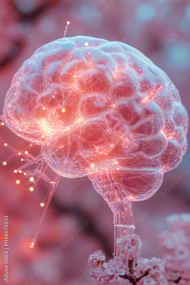 Poster a minimalist depiction of a glowing brain with interconnected lines symbolizing advanced thinking,