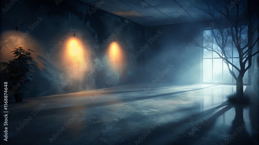 Poster design a minimalist background focusing on shadows and light. use a mix of dark grays and blacks, wi