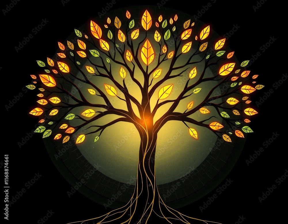 Aufkleber an abstract tree with symmetrical branching branches, decorated with geometric and glowing leaves. t