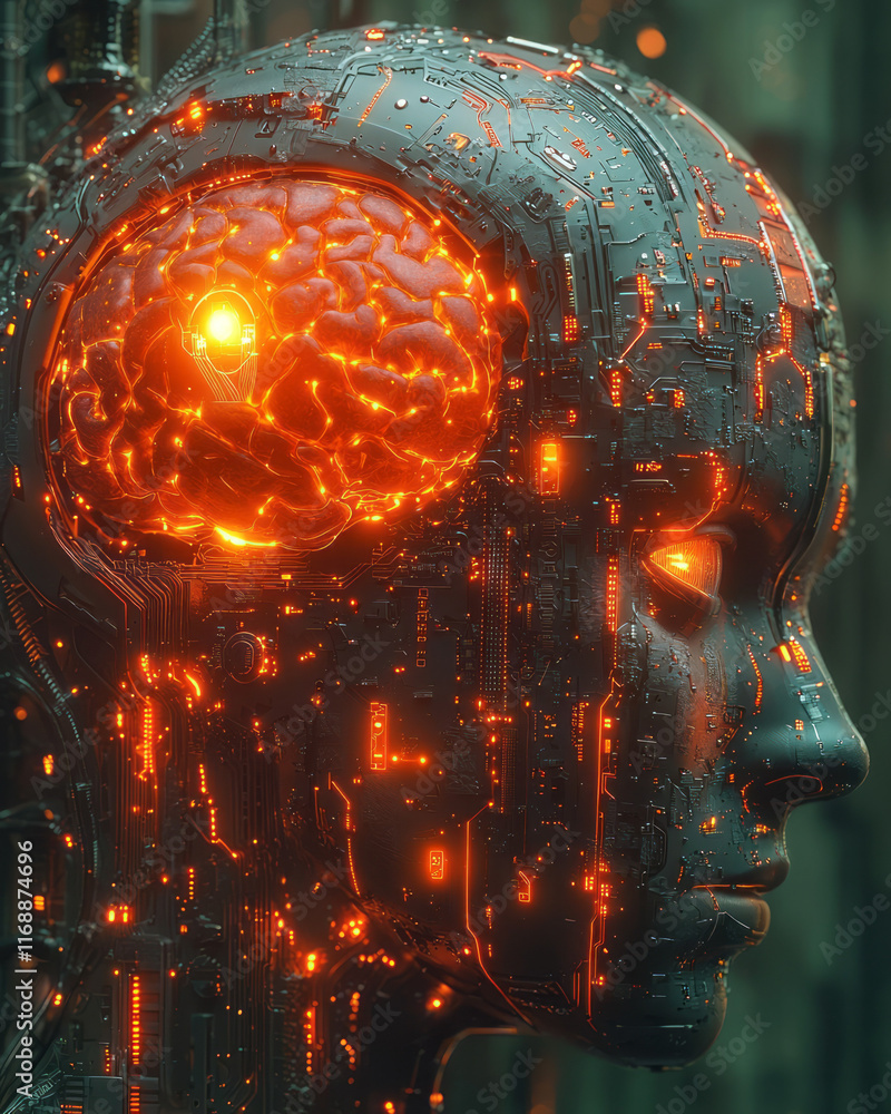 Poster a glowing neural enhancement chip inserted seamlessly into the brain,