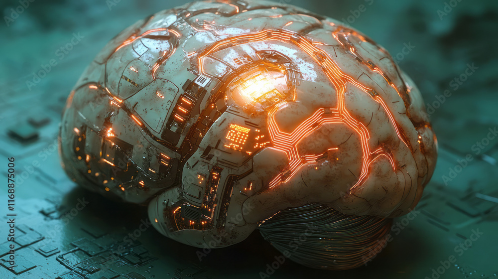 Poster a glowing neural enhancement chip inserted seamlessly into the brain,