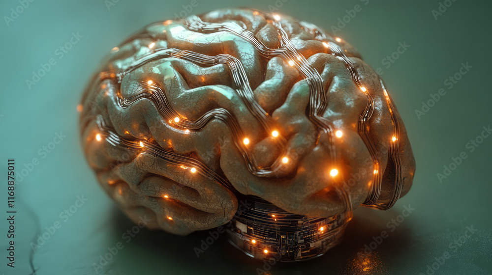 Poster a glowing neural enhancement chip inserted seamlessly into the brain,