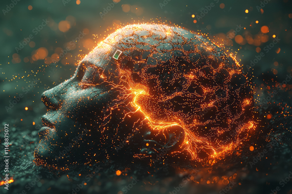 Poster a glowing neural enhancement chip inserted seamlessly into the brain,