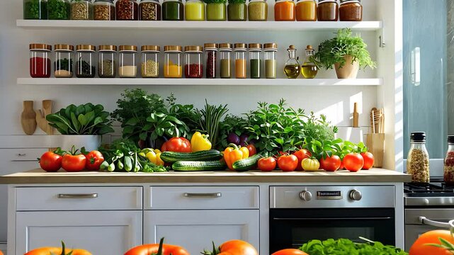Fresh Kitchen Interior with Organic Vegetables, Herbs, and Jars of Spices on White Shelves in Bright Light

