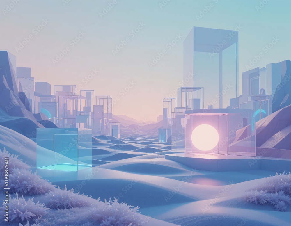 Poster abstract landscape with interlocking dimensional layers. transparent cube patterns and glowing circl