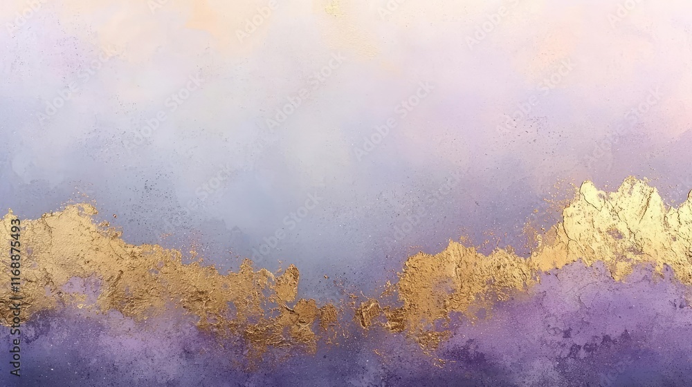 Poster grungy abstract background concept. an abstract painting with soft lavender tones and gold accents, 