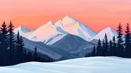 A serene winter landscape featuring snow-covered mountains and evergreen trees against a pastel sunset sky.