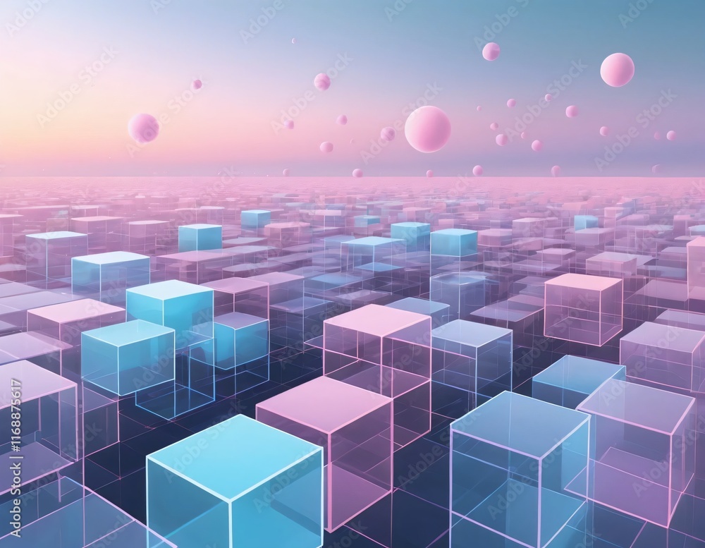 Poster abstract landscape with interlocking dimensional layers. transparent cube patterns and glowing circl