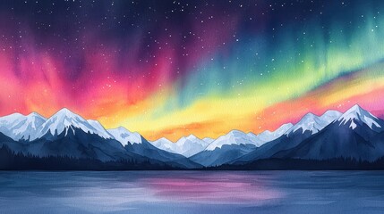 A vibrant aurora borealis lights up the night sky over snow-capped mountains, reflecting beautifully on a tranquil lake.