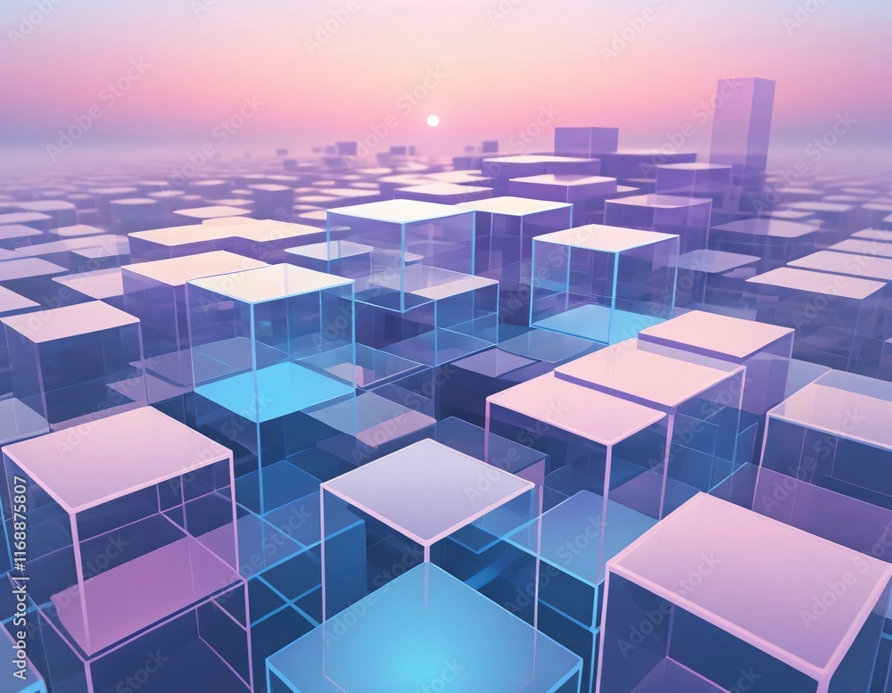 Fototapete abstract landscape with interlocking dimensional layers. transparent cube patterns and glowing circl