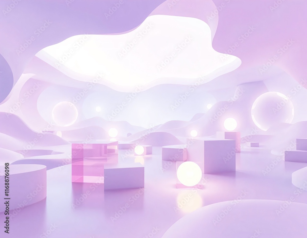 Poster abstract landscape with interlocking dimensional layers. transparent cube patterns and glowing circl