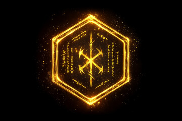 Golden magic runes in a hexagon. Glowing spell effect with ancient fantasy writing on black background	
