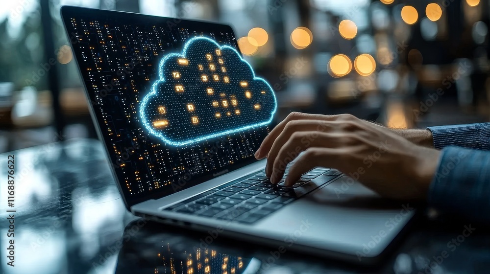 Poster typing on a laptop with holograms depicting cloud computing and data management
