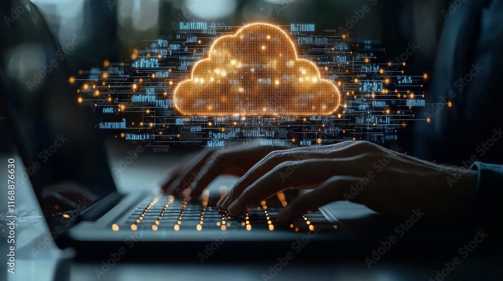 Poster hands typing on a laptop with holograms of cloud computing and data management