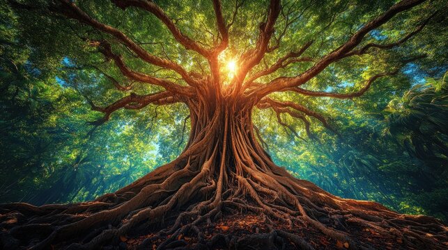 Majestic ancient tree with sunlight through branches and exposed roots. - Powered by Adobe
