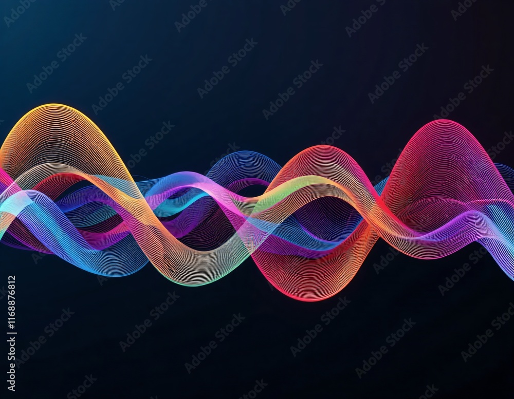 Poster intersecting wave patterns, depicting the harmony of sound. the colorful curved lines look like the 