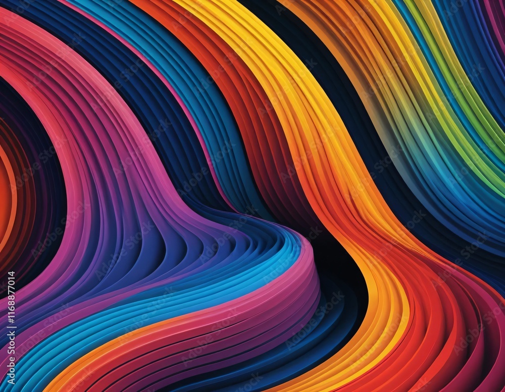 Poster intersecting wave patterns, depicting the harmony of sound. the colorful curved lines look like the 