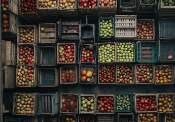Vibrant Display of Freshly Harvested Apples and Oranges in Wooden Crates at a Local Market, Showcasing a Variety of Colors and Textures for Food Enthusiasts