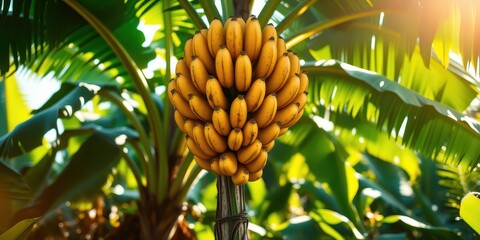 Obraz premium A vibrant bunch of ripe bananas hangs heavy on a lush green banana tree, bathed in sunlight.