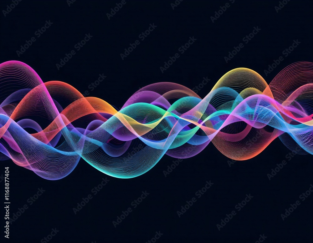 Poster intersecting wave patterns, depicting the harmony of sound. the colorful curved lines look like the 