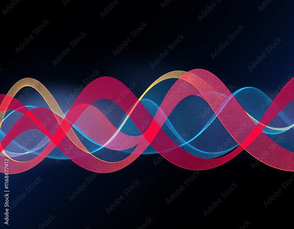 Poster intersecting wave patterns, depicting the harmony of sound. the colorful curved lines appear like so