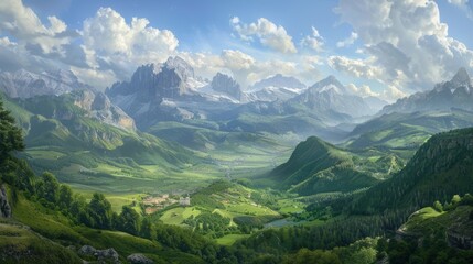 Obraz premium Idyllic Green Valley with Cozy Village, Majestic Mountains, and Fantasy Landscape under Cinematic Blue Sky