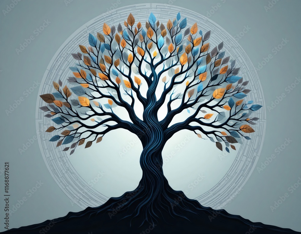 Poster an abstract tree with symmetrical branching branches, decorated with geometric and glowing leaves. t