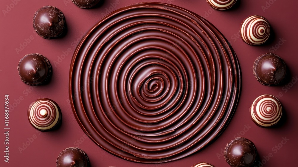 Poster swirling chocolate patterns with decorative truffles on table