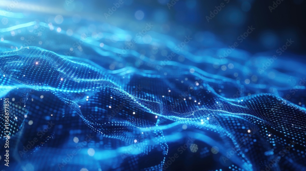 Poster futuristic blue digital matrix cyber. blockchain technology background. digital matrix particles gri