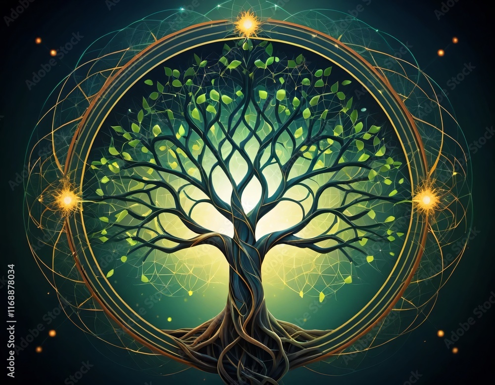 Poster an abstract tree with symmetrical branching branches, decorated with geometric and glowing leaves. t