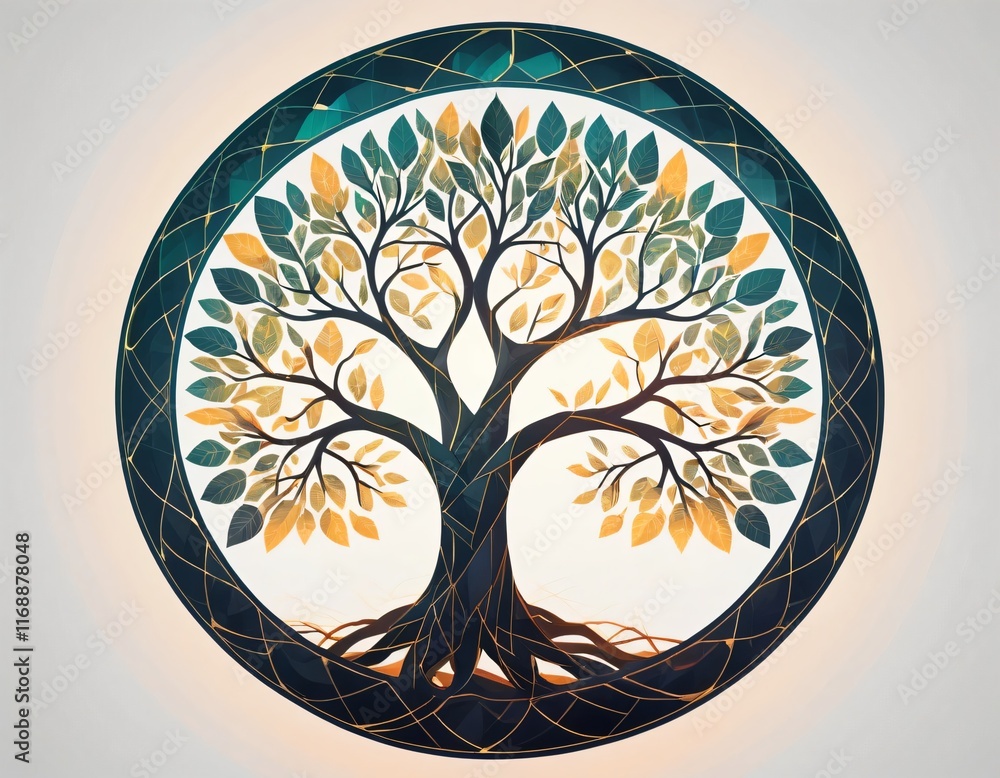Poster an abstract tree with symmetrical branching branches, decorated with geometric and glowing leaves. t