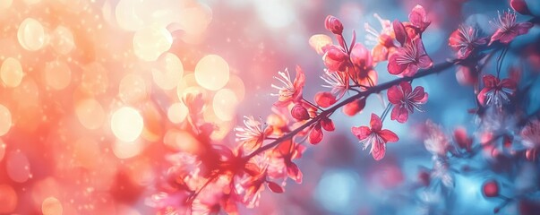 Naklejka premium Grungy abstract background concept. Vibrant cherry blossom branch illuminated by soft bokeh lights in pastel colors.