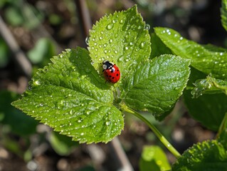 a ladybug crawling on a fresh green leaf, with morning dew drops glistening in the sunlight.