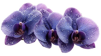 Three purple orchids with water droplets on white background.